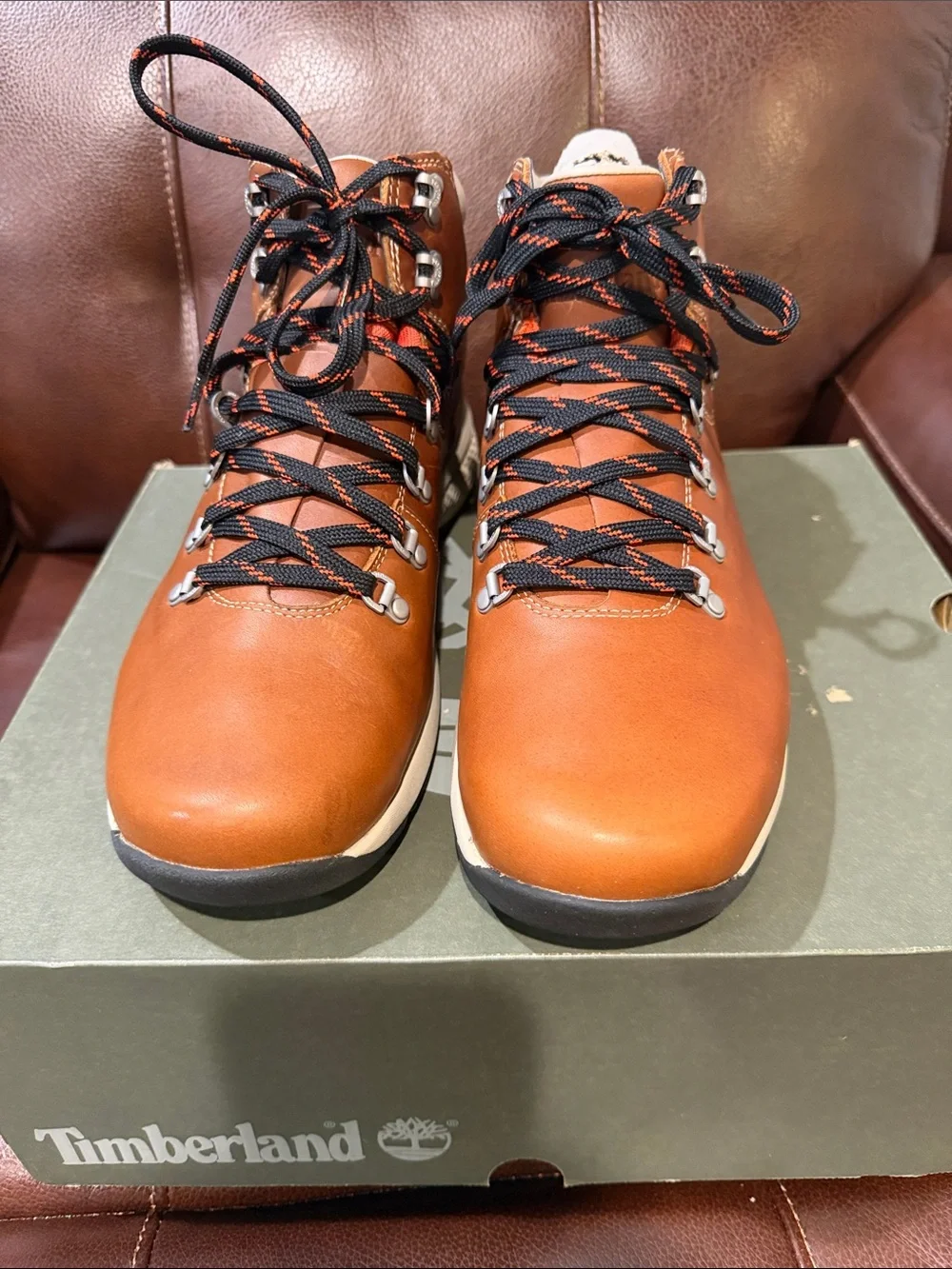 Timberland Men's Chestnut Leather Hiking Boots with Black & Orange Laces